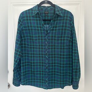 Talbots Teal and Navy Plaid Blouse, Size Large
